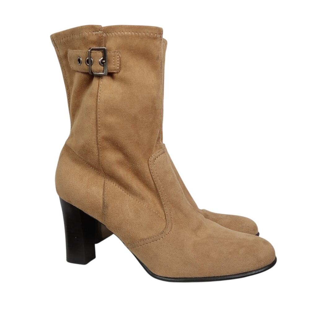 Vintage 90s Predictions Tan Faux Suede Heeled Mid Calf Boots 7.5
